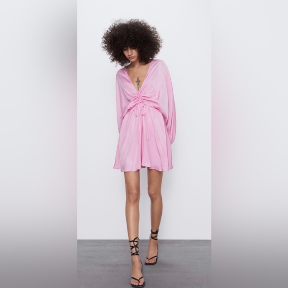 Zara Dresses & Skirts - Zara Pink satin effect Mini Dress Ruched Front Long Sleeve Dress Size Medium
